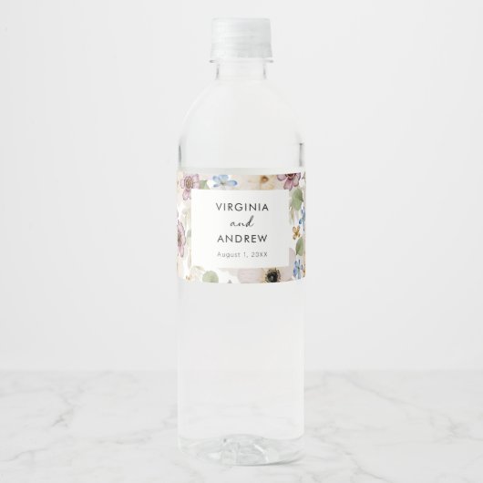 Modern Floral Botanical Wedding Waterfles Etiket (Voorkant)