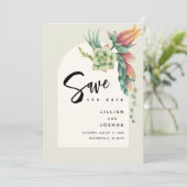 Modern Floral botanisch Succulent Ecru Wedding Save The Date (Staand voorkant)