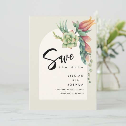Modern Floral botanisch Succulent Ecru Wedding Save The Date (Staand voorkant)