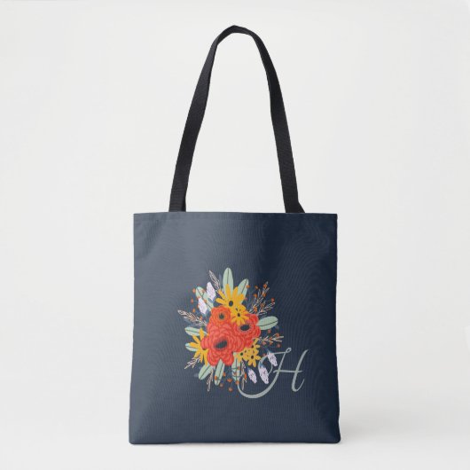 Modern Floral Bouquet Monogram Blue Tote Bag (Voorkant)
