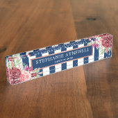 Modern Floral Bourgondië Navy Stripes Waterverf Naambordje (Zijkant)