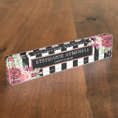 Modern Floral Bourgondië zwart witte strepen Naambordje (Zijkant)