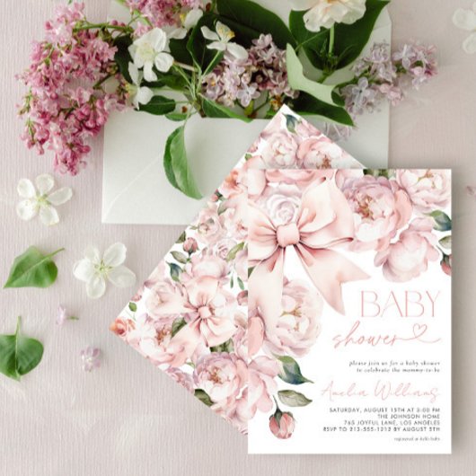 Modern Floral Bow Girl Baby shower Kaart