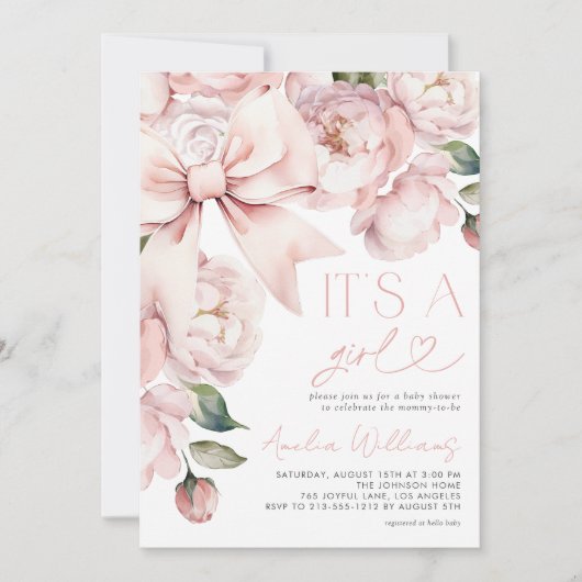 Modern Floral Bow Girl Baby shower Kaart (Voorkant)