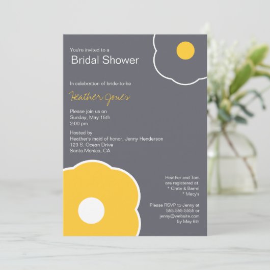 Modern Floral Bridal Shower Invitation Yellow/Grey Kaart (Staand voorkant)