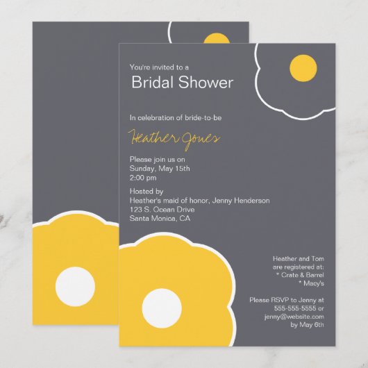 Modern Floral Bridal Shower Invitation Yellow/Grey Kaart (Voorkant / Achterkant)