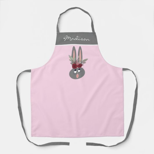 Modern Floral Bunny Pink - Gepersonaliseerde naam  Schort (Voorkant)