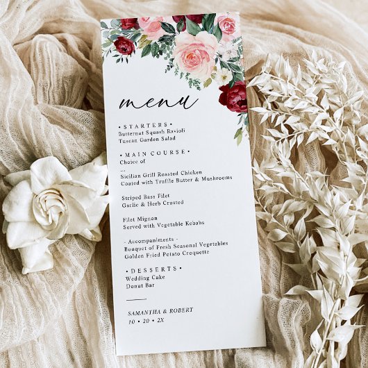 Modern Floral Burgundy Blush Greenery Wedding Menu
