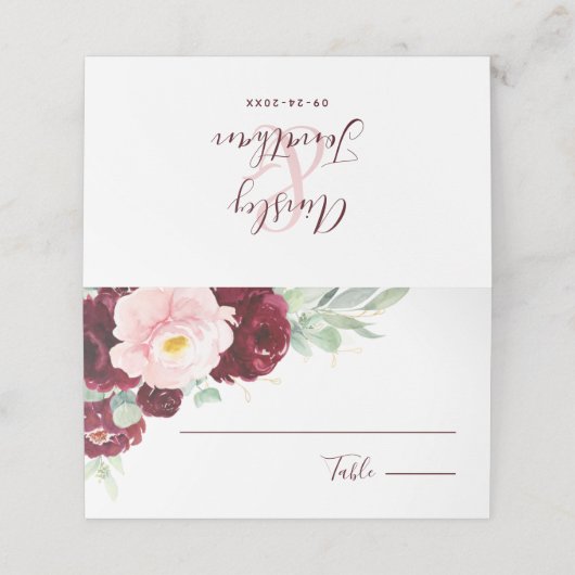 Modern Floral Burgundy Blush Wedding Plaatskaartje (Buitenkant ongevouwen)