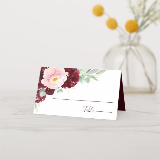 Modern Floral Burgundy Blush Wedding Plaatskaartje (Voorkant)