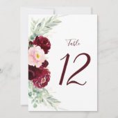 Modern Floral Burgundy Blush Wedding Table Number (Voorkant)