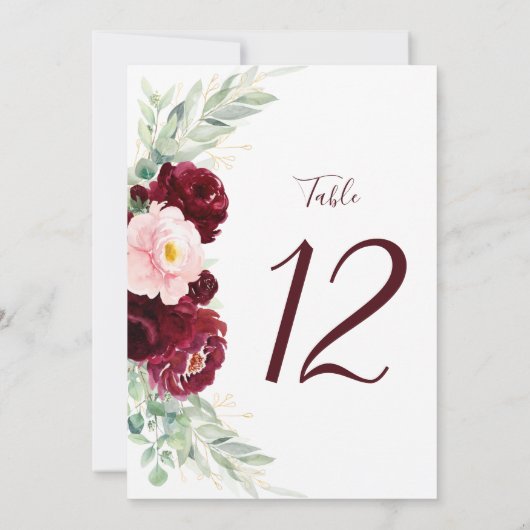 Modern Floral Burgundy Blush Wedding Table Number (Achterkant)