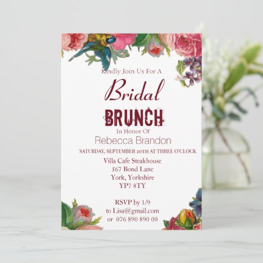 Modern  Floral Burgundy Bridal Brunch Kaart (Staand voorkant)