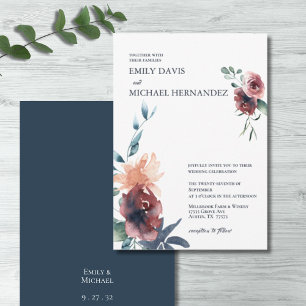 Modern Floral Burgundy Navy Blush Peach Wedding Kaart
