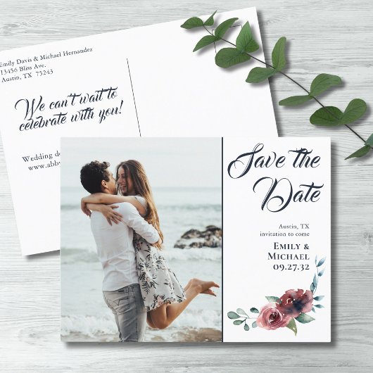 Modern Floral Burgundy Navy Blush Save the Date Aankondigingskaart