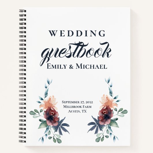 Modern Floral Burgundy Navy Peach Blush Guest Book Notitieboek (Voorkant)