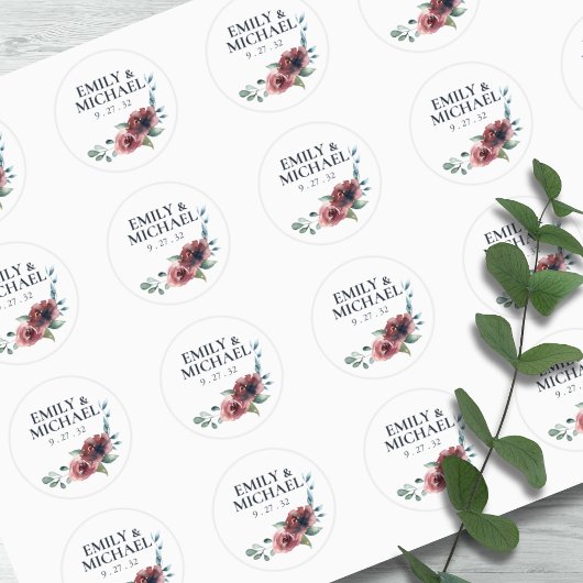 Modern Floral Burgundy Navy Peach Blush Names Ronde Sticker