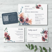 Modern Floral Burgundy Navy Peach Blush Wedding Kaart