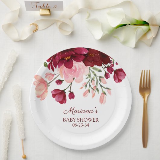 Modern Floral Burgundy Pink Girl Baby shower Paper Papieren Bordje (Huwelijk)