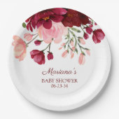 Modern Floral Burgundy Pink Girl Baby shower Paper Papieren Bordje (Voorkant)