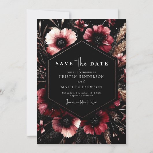 Modern Floral Burgundy Wedding Save The Date (Voorkant)