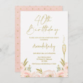 Modern Floral Champagne glas 40e verjaardag Kaart (Voorkant / Achterkant)