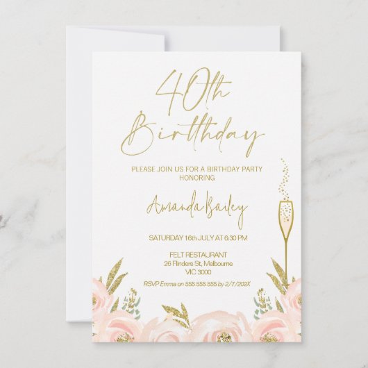 Modern Floral Champagne glas 40e verjaardag Kaart (Voorkant)