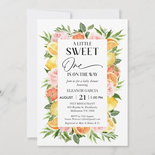 Modern Floral Citrus Lijst Sweet One Baby shower Kaart (Voorkant)