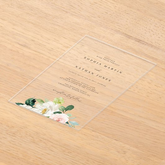 Modern Floral Clear Minimalist Wedding Acryl Uitnodigingen (Laagn)