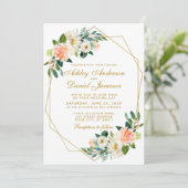 Modern Floral Coral Gold Geometric Lijst Wedding Kaart (Staand voorkant)