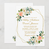 Modern Floral Coral Gold Geometric Lijst Wedding Kaart (Voorkant / Achterkant)