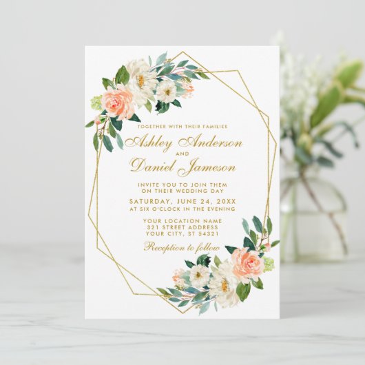 Modern Floral Coral Gold Geometric Wedding Kaart (Staand voorkant)