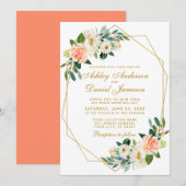 Modern Floral Coral Gold Geometric Wedding Kaart (Voorkant / Achterkant)