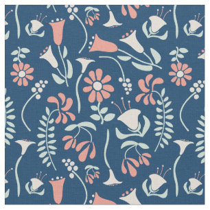 Modern Floral Coral, Navy, Mint Green Patterned Stof
