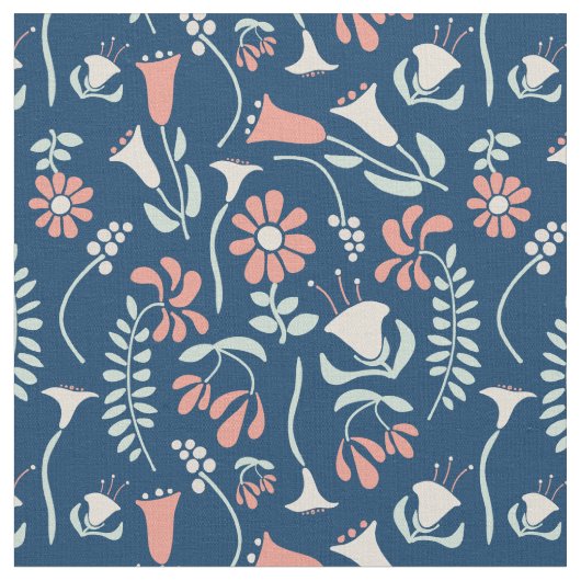 Modern Floral Coral, Navy, Mint Green Patterned Stof (Close Up)