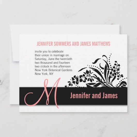 Modern Floral Coral Wedding Invitation Monogram Kaart (Voorkant)