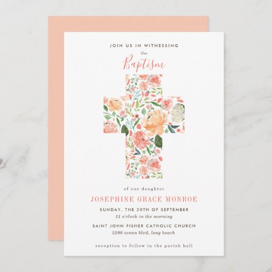 Modern Floral Cross Religieuze Blush Peach Baptism Kaart (Voorkant / Achterkant)