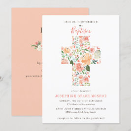 Modern Floral Cross Religieuze Blush Peach Baptism Kaart