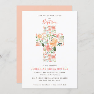 Modern Floral Cross Religieuze Blush Peach Baptism Kaart