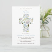 Modern Floral Cross Religious Light Blue Baptisme Kaart (Staand voorkant)