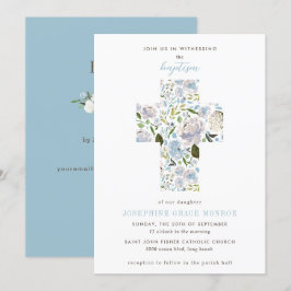 Modern Floral Cross Religious Light Blue Baptisme Kaart