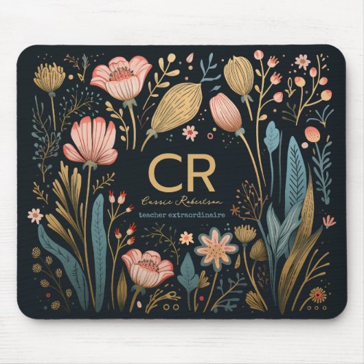 Modern Floral Custom Monogram Naam Beroep Gift Muismat (Voorkant)