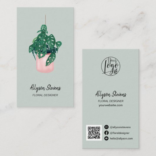Modern floral designer monstera green logo qr code visitekaartje (Voorkant / Achterkant)