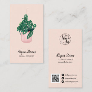 Modern floral designer monstera roze logo qr code visitekaartje