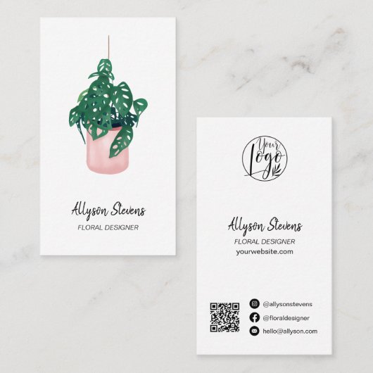Modern floral designer monstera white logo qr code visitekaartje (Voorkant / Achterkant)
