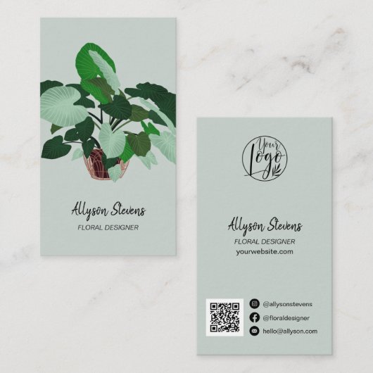 Modern floral designer plant green logo qr code visitekaartje (Voorkant / Achterkant)