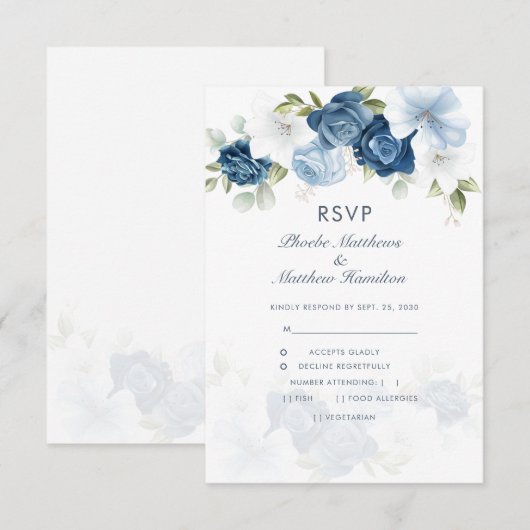 Modern Floral Dusty Blue Botanical RSVP Kaartje (Voorkant / Achterkant)