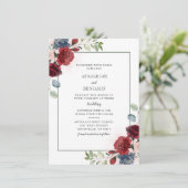 Modern Floral Dusty Blue Burgundy Foliage Wedding Kaart (Staand voorkant)