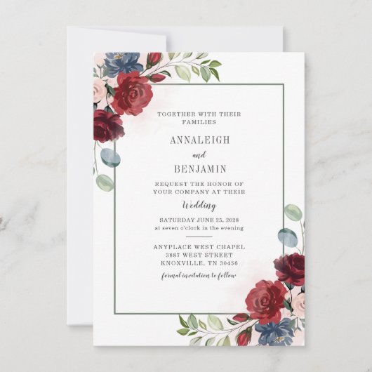 Modern Floral Dusty Blue Burgundy Foliage Wedding Kaart (Voorkant)