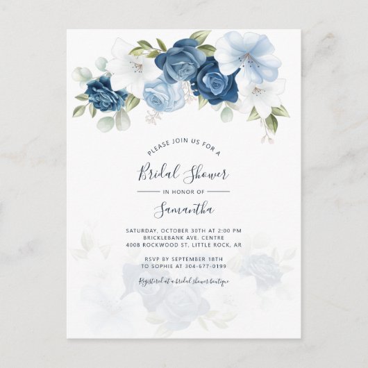 Modern Floral Dusty Blue Script Vrijgezellenfeest Uitnodiging Briefkaart (Voorkant)